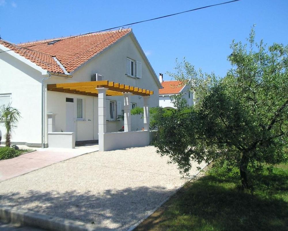 The house seen from the street through olive trees