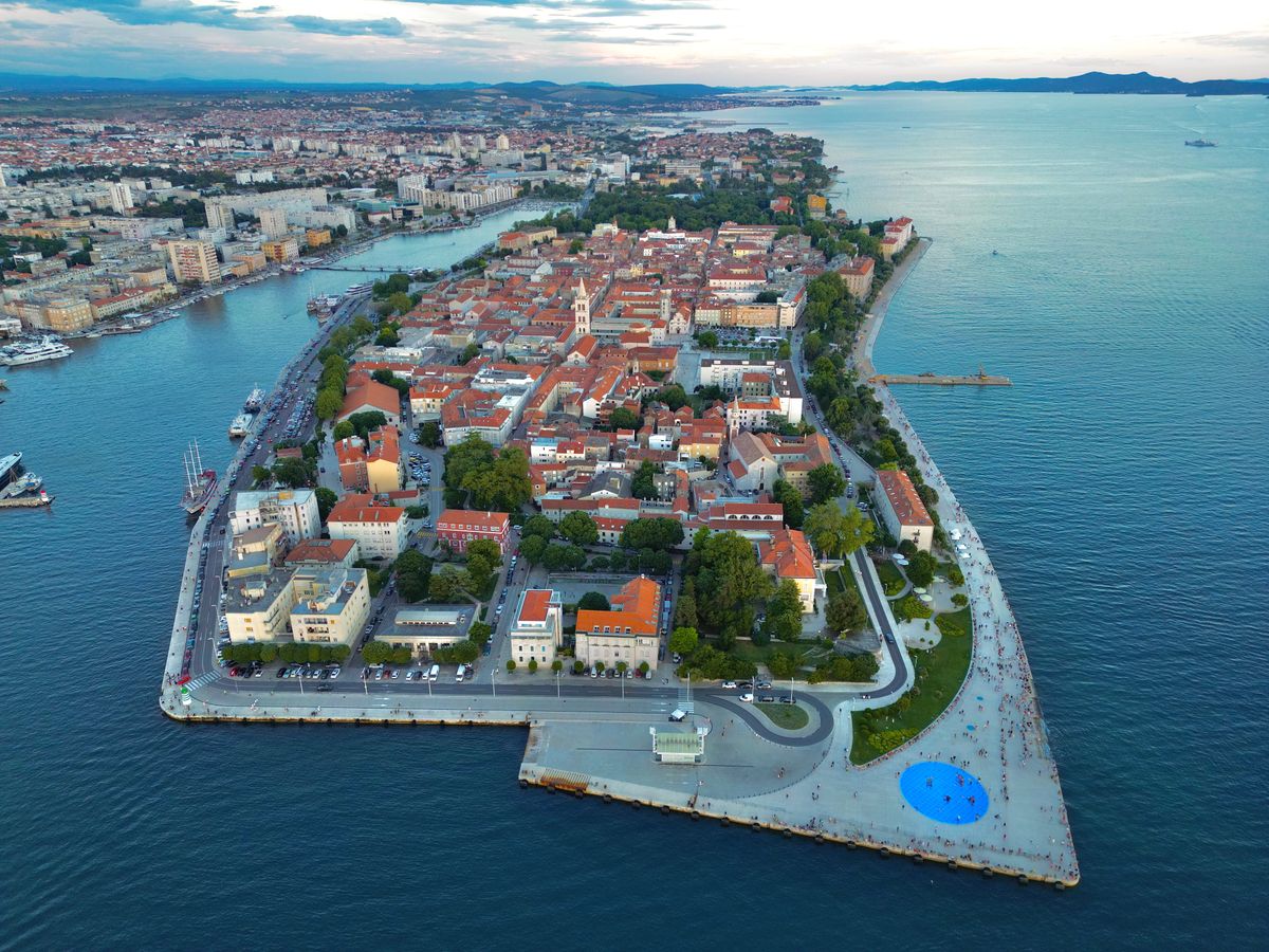 Zadar's old town peninsula at sunset, seen from above